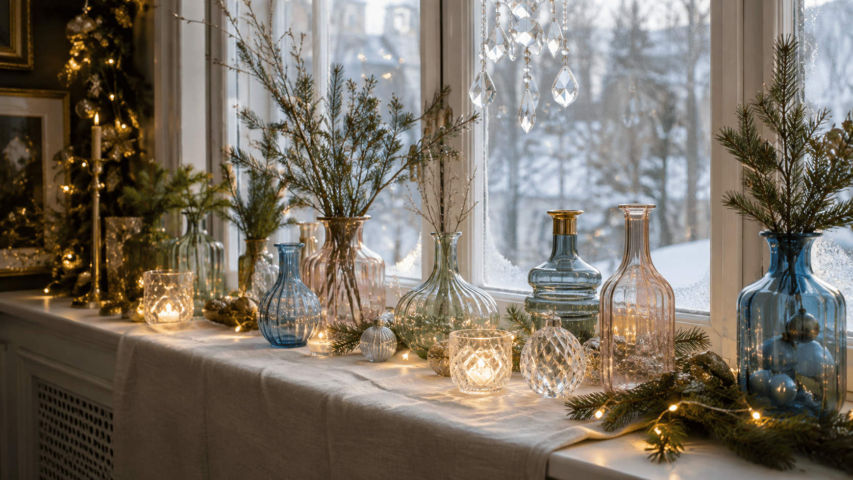 Weihnachtlich dekorierte Fensterbank mit bunten Glasvasen in Rosé, Blau und Grün, Kristallanhängern, Tannenzweigen, Weihnachtskugeln, goldenen Akzenten und warmen Lichterketten.