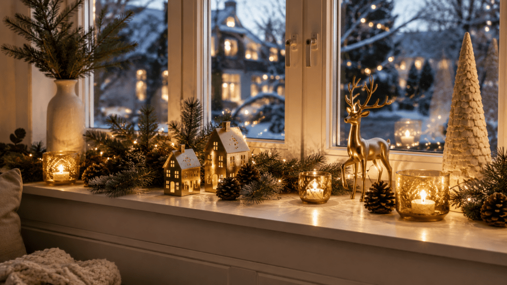 Weihnachtliche Fensterbank mit goldenen Lichthäusern, goldenem Hirsch, Kerzen, Tannenzweigen, Zapfen und warmen Lichterketten vor einem winterlichen Fenster.