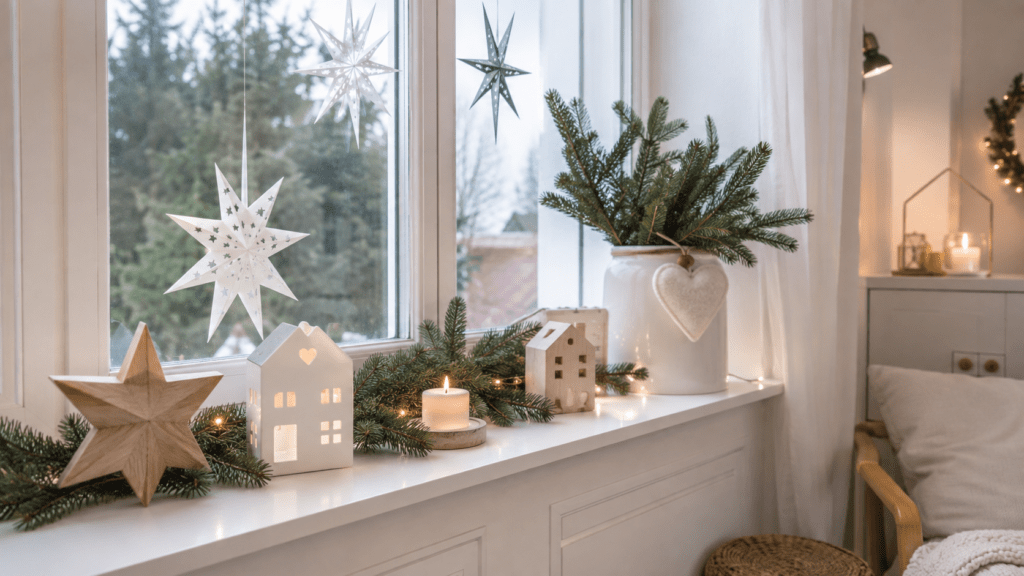 Weihnachtliche Fensterbank im Skandi-Stil mit Holzstern, weißen Deko-Häuschen, Tannenzweigen, Kerze, Filzherz und warmen Lichterketten.