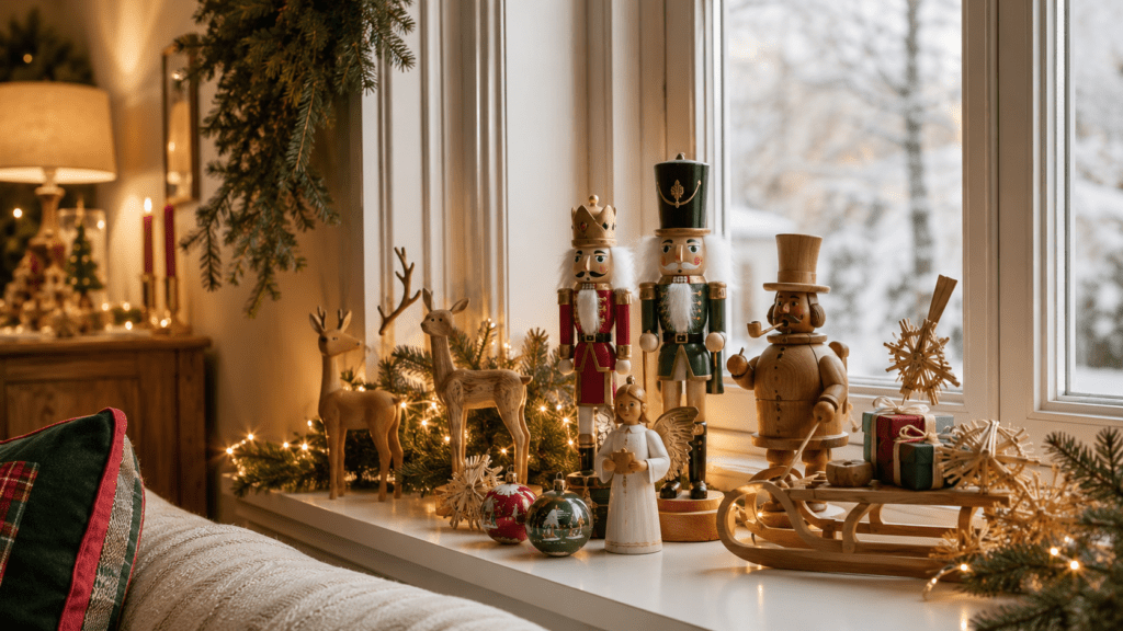 Weihnachtlich dekorierte Fensterbank mit klassischen Nussknackern, Räuchermännchen, Holzengeln und Rentierfiguren, kombiniert mit Tannengrün, Strohsternen, roten und grünen Weihnachtskugeln sowie einem kleinen Holzschlitten mit Geschenken.