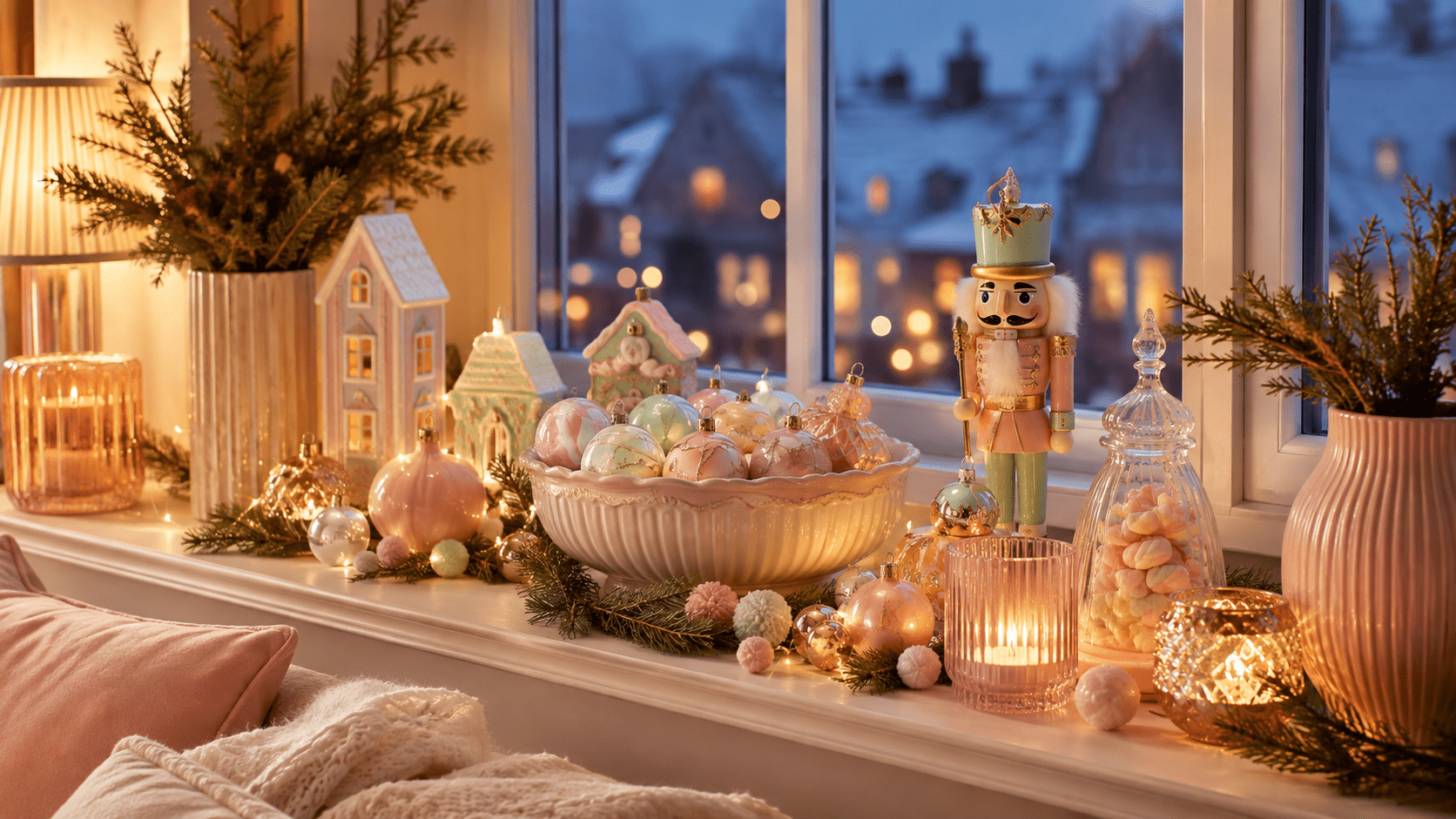 Weihnachtliche Fensterbank in Pastelltönen mit rosé- und mintfarbenen Kugeln, verspieltem Nussknacker, Glasornamenten, Kerzenlicht, Tannenzweigen und zarten Goldakzenten vor einem winterlichen Fenster.