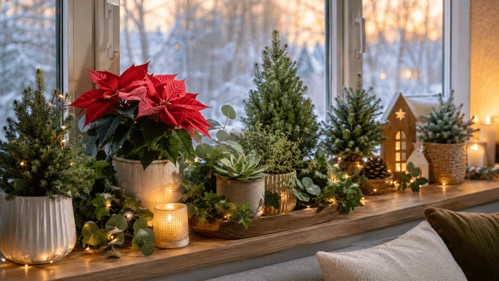 Weihnachtliche Fensterbank mit rotem Weihnachtsstern, Mini-Tannen, Sukkulenten, Eukalyptus, Efeu, Kerzen und warmen Lichterketten.