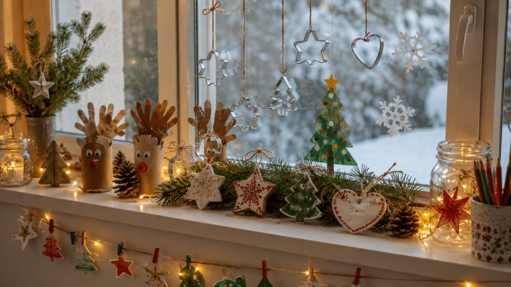 Weihnachtlich dekorierte Fensterbank mit selbst gebastelten Rentieren aus Handabdrücken, bemalten Salzteig-Anhängern in Stern-, Herz- und Tannenbaumform, Papiergirlande, Tannenzweigen und warmen Lichterketten.