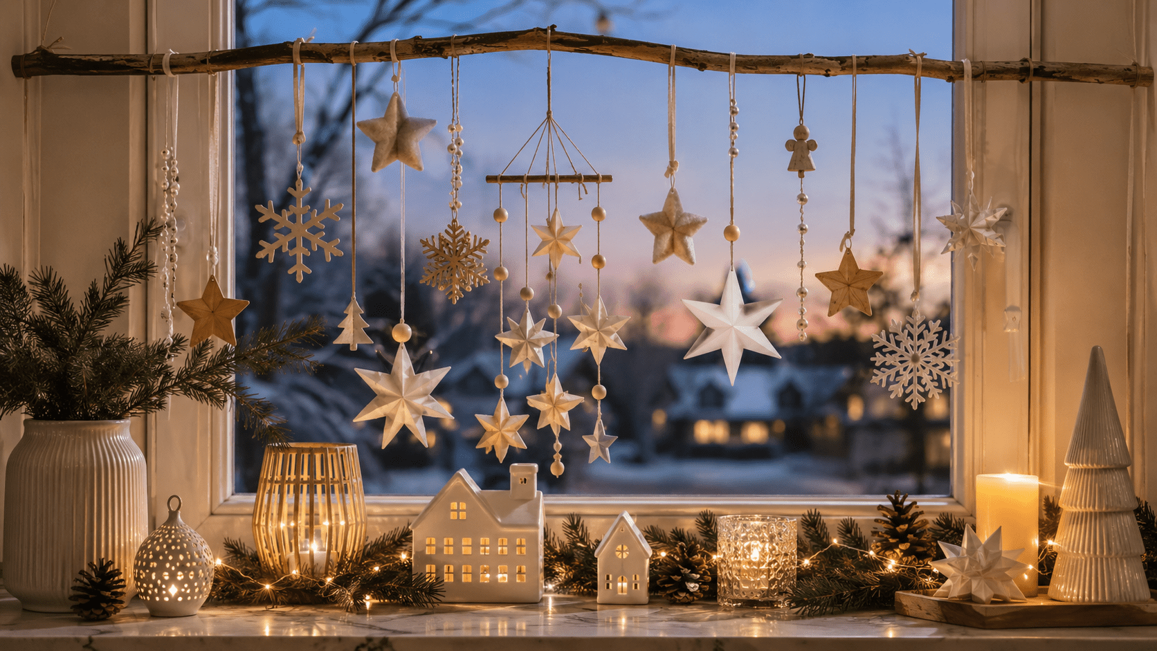 Weihnachtliches Fenster mit hängenden Sternen, Schneeflocken, Holzfiguren und Perlenketten an einem natürlichen Ast über einer festlich dekorierten Fensterbank mit Tannenzweigen, Lichthäusern und Kerzen.