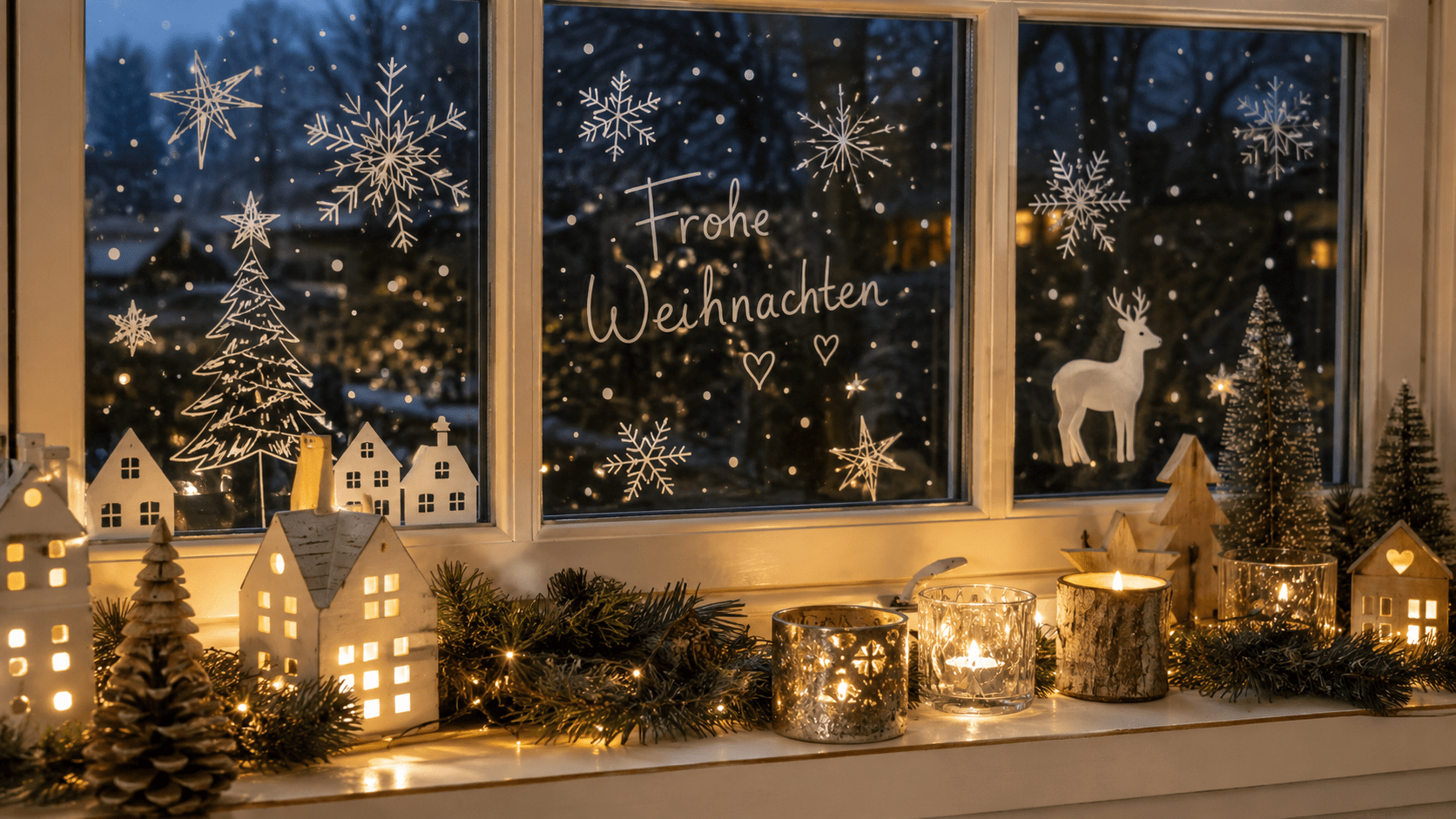 Weihnachtliche Fensterbank mit Kreidemarker-Zeichnungen und Fensterstickern aus Schneeflocken, Rentieren und Tannen, ergänzt durch Kerzen, Tannengrün und Lichterketten.