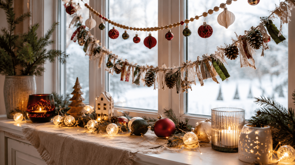 Weihnachtlich dekorierte Fensterbank mit Girlanden aus Holzperlen, roten und grünen Weihnachtskugeln, Papieranhängern, Stoffresten und Tannenzapfen, ergänzt durch Tannengrün und warm leuchtende Kugellichter.