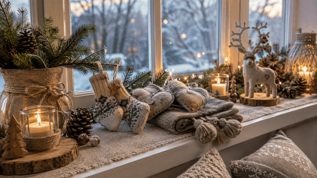 Weihnachtliche Fensterbank im rustikalen Landhausstil mit gestrickten Mini-Socken, Filzherzen, Wolltuch mit Quasten, Leinenläufer, Kerzen, Tannenzweigen, Zapfen und holzigen Naturdetails vor einem winterlichen Fenster.