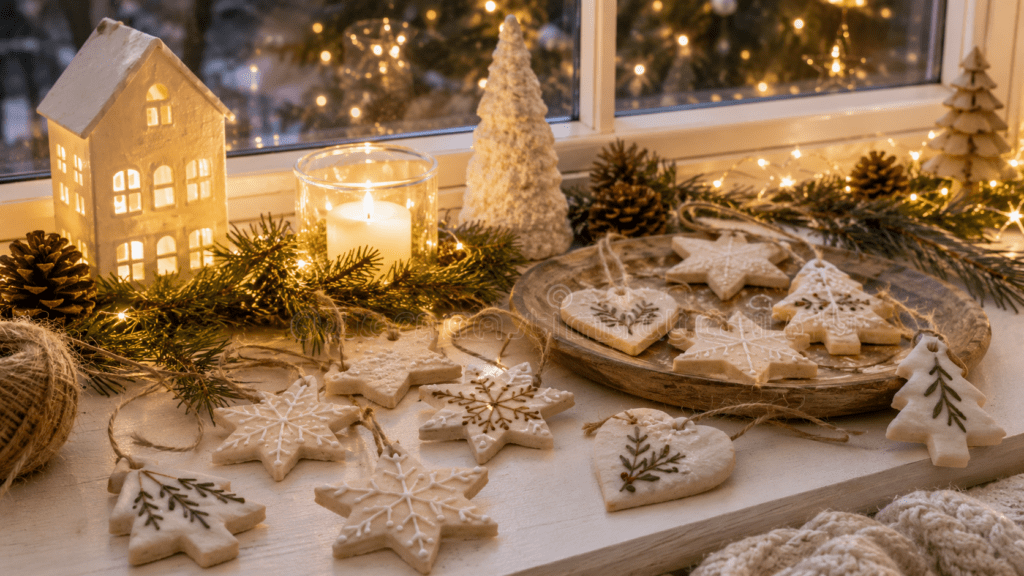Weihnachtliche Fensterbank mit selbstgemachten Salzteig-Anhängern in Stern-, Herz- und Tannenform, dekoriert mit Tannenzweigen, Zapfen, Kerzen und warmen Lichterketten.