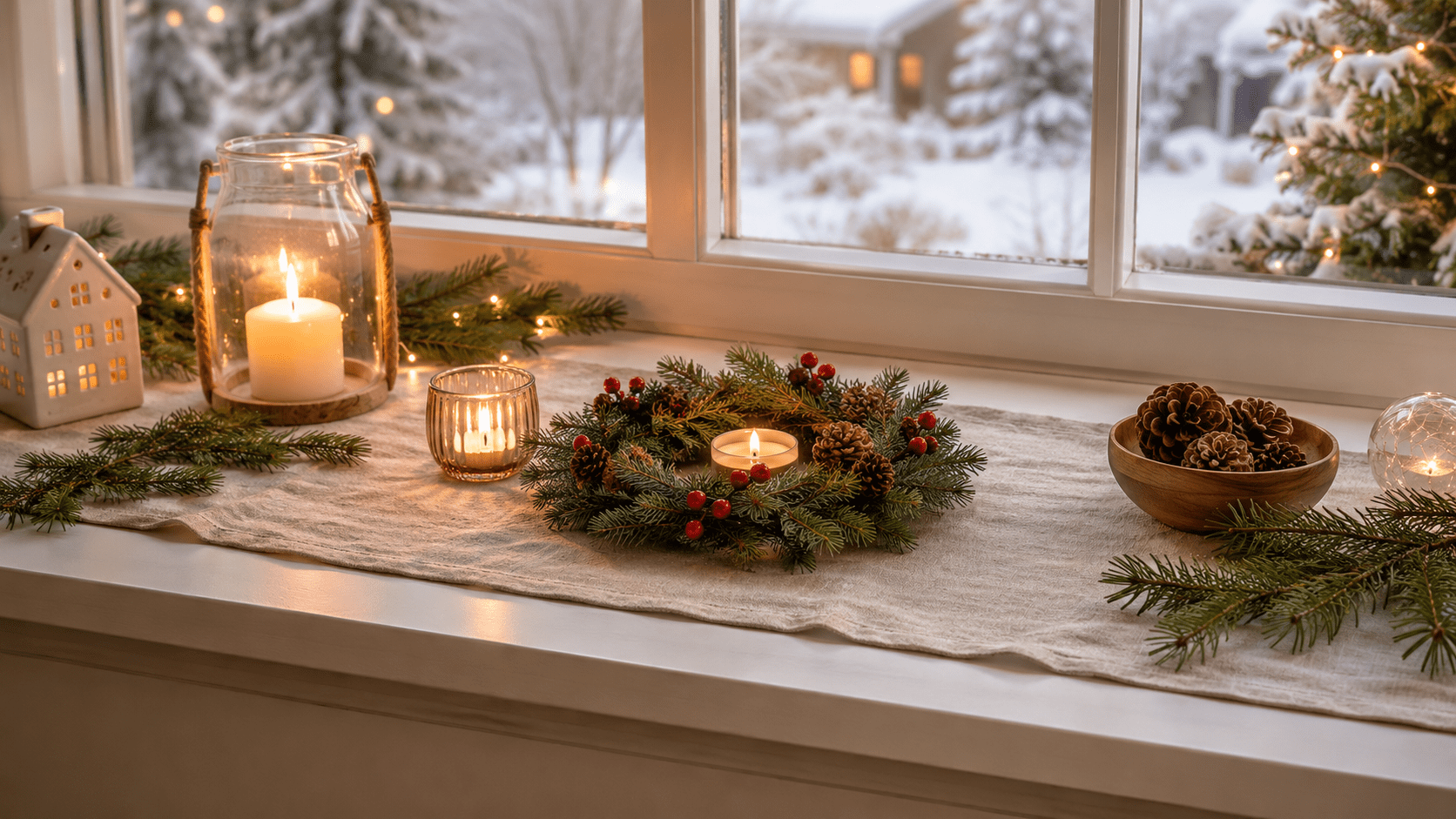 Weihnachtlich dekorierte Fensterbank mit kleinem Adventskranz aus Tannenzweigen, roten Beeren und Tannenzapfen, warm leuchtender Kerze, Lichterkette und natürlicher Winterdeko.
