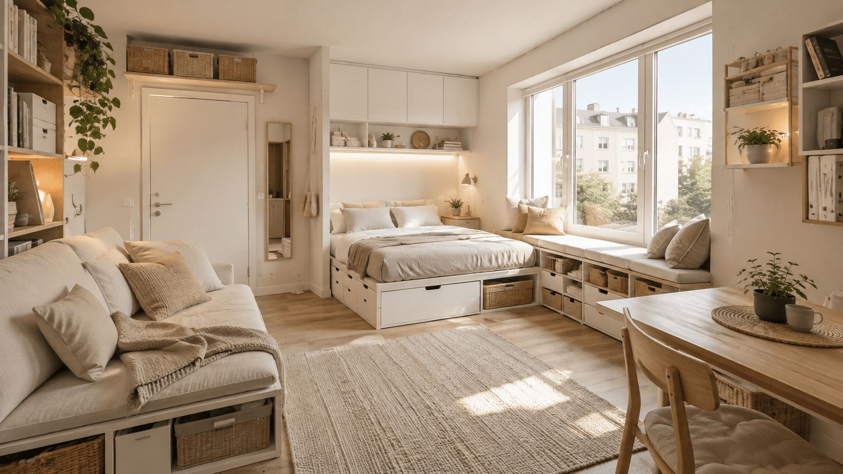 Heller, hyperrealistischer Wohnraum einer kleinen Wohnung mit clever genutzten Flächen: Bett mit Schubladen, Sitzbank mit Stauraum unter dem Fenster, Regal über der Tür mit Körben, offene Wandregale, Sofa mit Aufbewahrung und ein kleiner Essplatz in warmen Naturtönen.