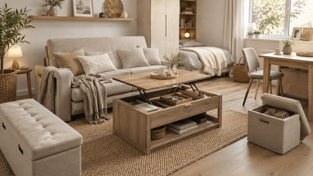 Hyperrealistischer Wohnraum einer kleinen Wohnung in warmen Naturtönen mit mehreren Multifunktionsmöbeln: ein Schlafsofa im Wohnbereich, ein Couchtisch mit hochklappbarer Platte und offenem Stauraum, eine gepolsterte Bank mit Aufbewahrung, ein Hocker mit Deckel sowie ein kleiner Essplatz und ein integrierter Schlafbereich im Hintergrund.