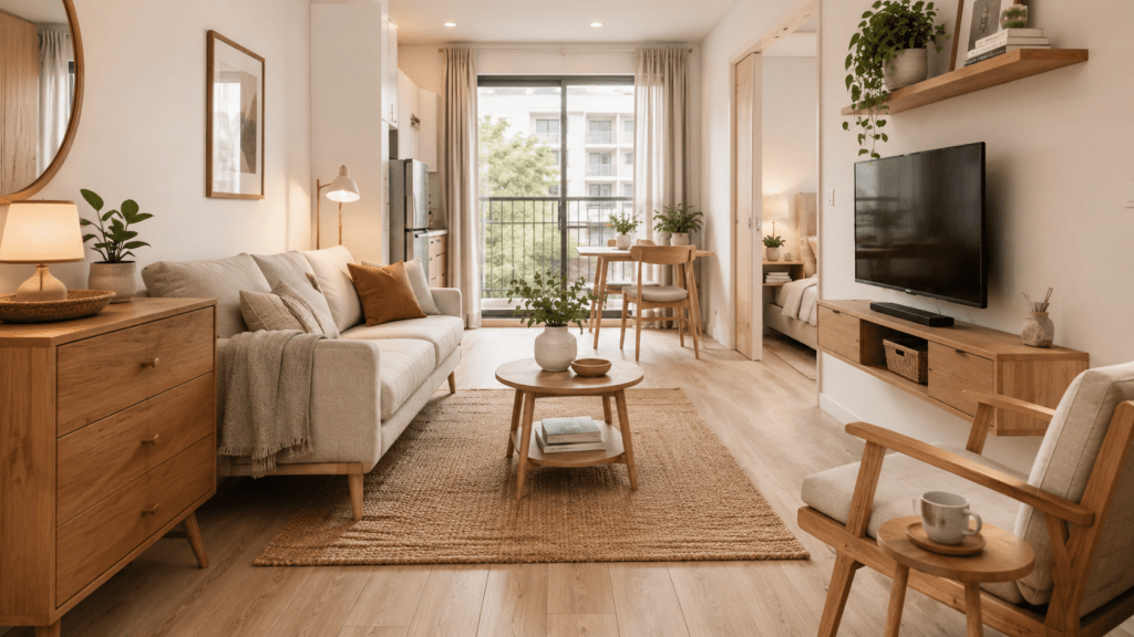 Hyperrealistischer, heller Wohnraum einer kleinen Wohnung in warmen Naturtönen mit Möbeln auf sichtbaren Beinen: ein Sofa, eine Kommode, ein Sessel und ein runder Couchtisch mit schlanken Holzbeinen, dazu ein schwebendes TV Board an der Wand. Der freie Boden und die luftige Anordnung lassen den Raum offen, leicht und großzügig wirken.