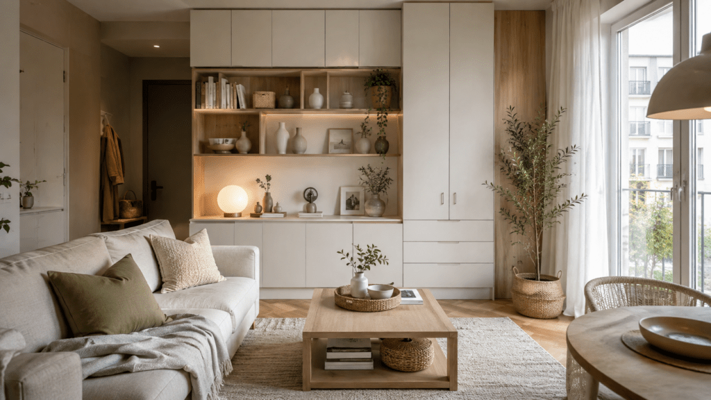 Hyperrealistisches Wohnzimmer einer kleinen Wohnung mit kombiniertem offenem und geschlossenem Stauraum: eine große Einbauschrankwand in Weiß und Holz mit geschlossenen Schranktüren, Schubladen und offenen Regalfächern, dekoriert mit Büchern, Keramik, Pflanzen und Bildern. Davor stehen ein helles Sofa, ein schlichter Couchtisch und ein Sessel in warmen Naturtönen, wodurch der Raum ruhig, aufgeräumt und wohnlich wirkt.