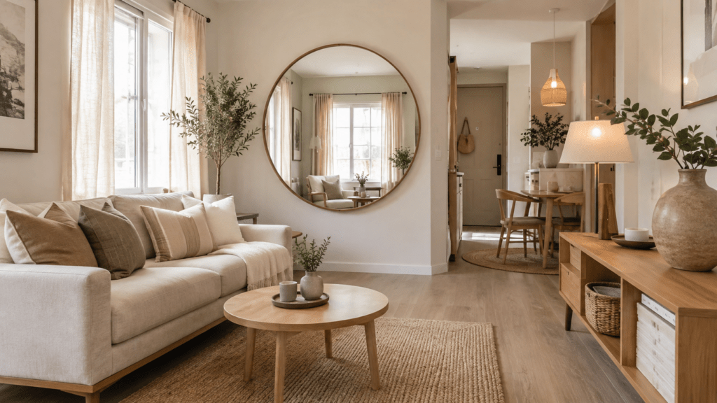 Hyperrealistisches, helles Wohnzimmer einer kleinen Wohnung mit großem rundem Wandspiegel im Holzrahmen, der gegenüber dem Fenster Tageslicht reflektiert und dem Raum mehr Tiefe verleiht. Helle Möbel, warme Holztöne, ein kleiner Essbereich und wenige natürliche Accessoires sorgen für eine ruhige, großzügige Atmosphäre.