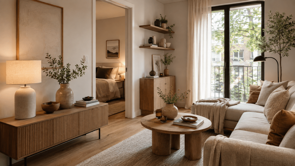 Hyperrealistisches kleines Wohnzimmer in warmen Naturtönen mit bewusst gruppierter Dekoration auf Kommode und Couchtisch. Eine hohe Lampe, eine Keramikvase mit Zweigen, eine kleine Holzschale sowie gestapelte Bücher bilden ruhige Arrangements, während freie Flächen für ein aufgeräumtes Gesamtbild sorgen.