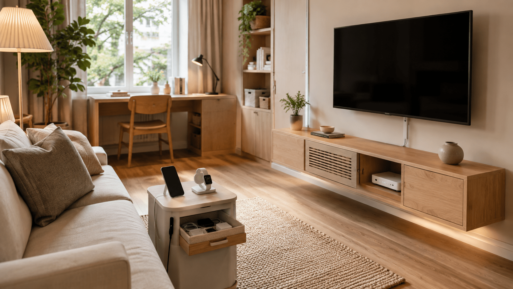 Hyperrealistisches, aufgeräumtes Wohnzimmer einer kleinen Wohnung mit versteckter Technik: Fernsehkabel verlaufen sauber im Kabelkanal, Router und Geräte stehen in einem belüfteten Fach des schwebenden TV Boards, während Ladegeräte in einer Schublade am Sofa gesammelt sind. Eine feste Ladestation für Smartphone und Smartwatch ergänzt den hellen Wohnraum in warmen Holz und Naturtönen.