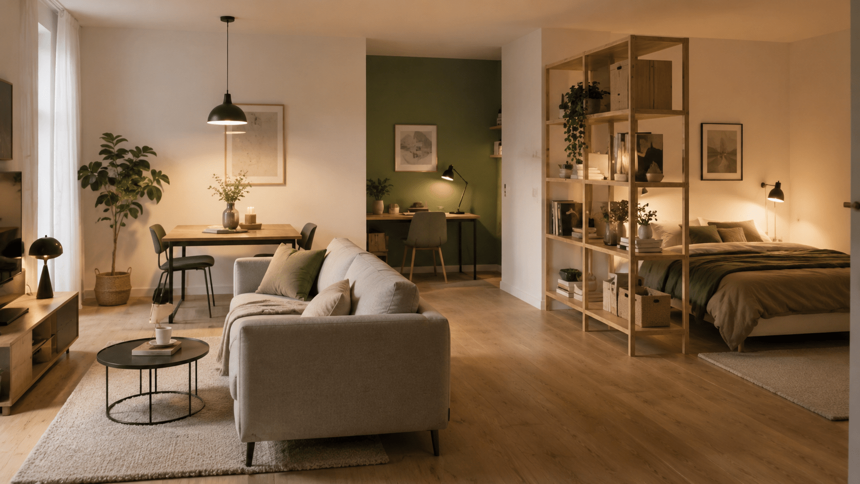 Hyperrealistische kleine Einzimmerwohnung mit klar getrennten Wohnbereichen, gemütlicher Sofaecke auf Teppich, Essplatz mit Pendelleuchte, Arbeitsplatz an grüner Akzentwand und offenem Regal als luftiger Raumteiler zum Schlafbereich.