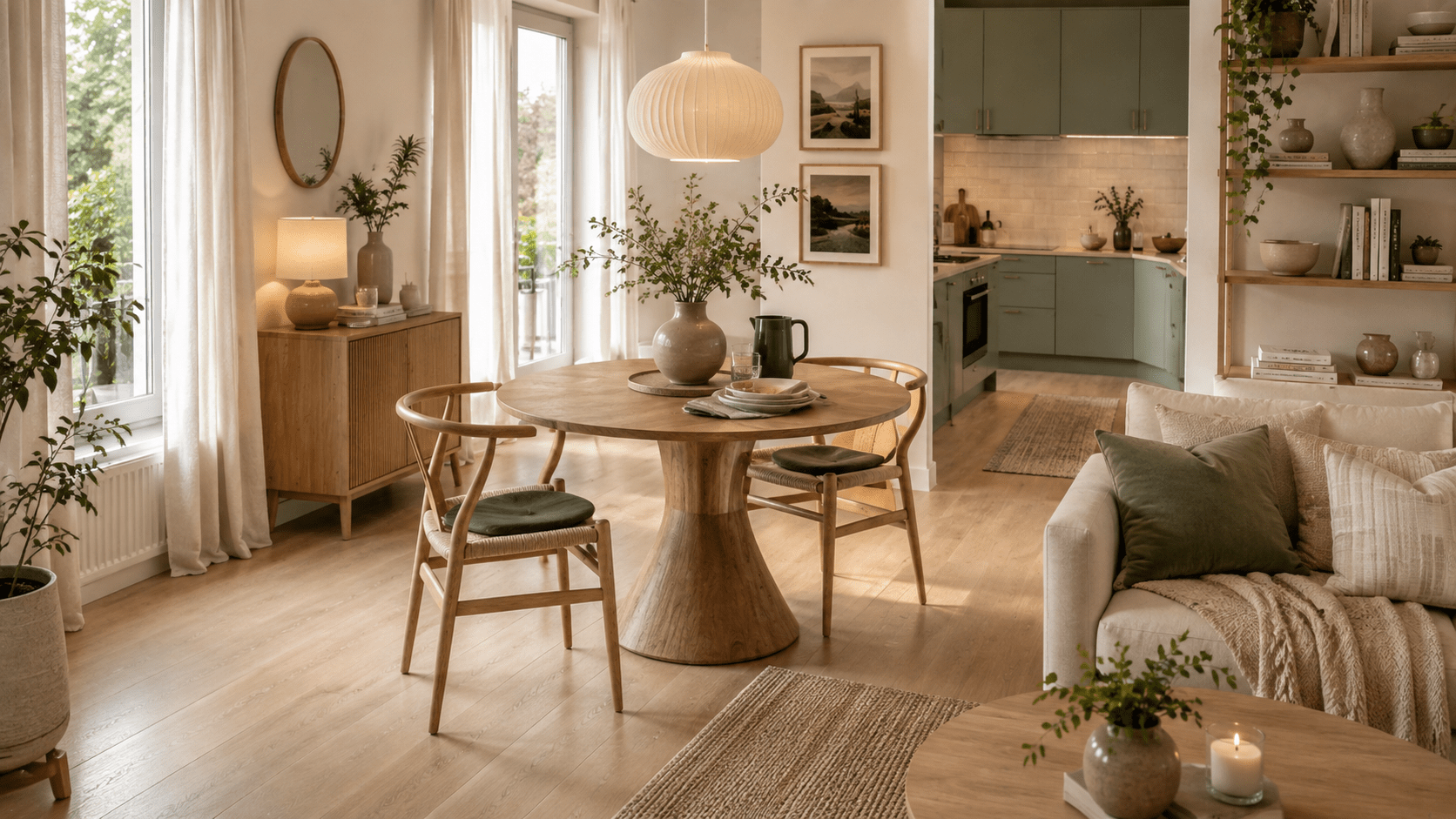 Hyperrealistische kleine Wohnung mit offenem Wohn und Essbereich, in der ein runder Esstisch aus warmem Holz mit Mittelfuß im Mittelpunkt steht. Schlanke Holzstühle mit geflochtener Sitzfläche, eine große Pendelleuchte, helle Vorhänge, salbeigrüne Küchenschränke und ein beiges Sofa mit Kissen in Creme und Grün schaffen eine warme, luftige und platzsparende Einrichtung.