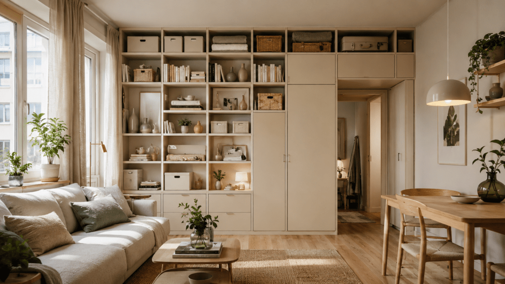 Hyperrealistische kleine Wohnung in warmen Naturtönen mit deckenhoher Stauraumlösung an der Wand: ein cremefarbener Einbauschrank und offene Regalfächer reichen bis zur Decke, mit einheitlichen Boxen, Körben, Büchern, Decken und Koffern in den oberen Bereichen. Davor stehen ein helles Sofa, ein schlichter Couchtisch und ein kleiner Essplatz aus Holz, wodurch der Raum trotz viel Stauraum ruhig, hell und großzügig wirkt.