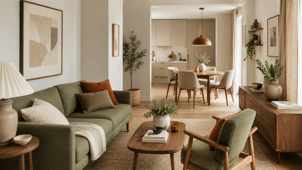 Hyperrealistische kleine Wohnung in warmen Naturtönen mit deckenhoher Stauraumlösung an der Wand: ein cremefarbener Einbauschrank und offene Regalfächer reichen bis zur Decke, mit einheitlichen Boxen, Körben, Büchern, Decken und Koffern in den oberen Bereichen. Davor stehen ein helles Sofa, ein schlichter Couchtisch und ein kleiner Essplatz aus Holz, wodurch der Raum trotz viel Stauraum ruhig, hell und großzügig wirkt.