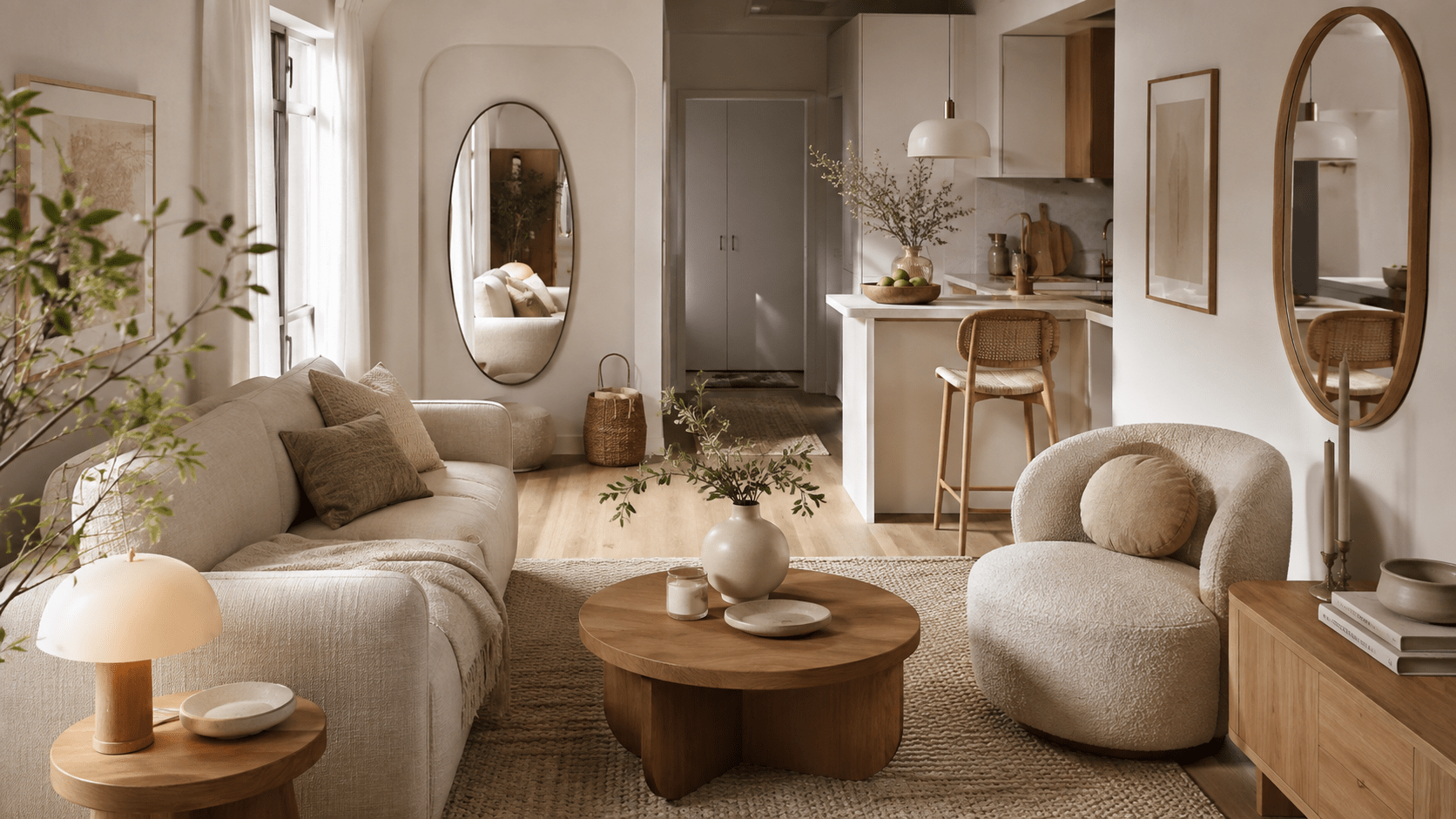 Hyperrealistische kleine Wohnung in warmen Naturtönen mit vielen runden und weichen Formen: ein helles Sofa, ein geschwungener Bouclé-Sessel, ein runder Holz-Couchtisch, ein kleiner runder Beistelltisch und zwei ovale Wandspiegel schaffen eine weiche, harmonische Raumwirkung. Holz, matte Keramik, sanfte Textilien und geflochtene Details machen den offenen Wohnbereich mit Küchenzeile besonders gemütlich und einladend.