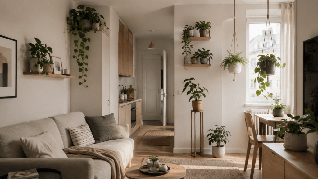 Hyperrealistische kleine Wohnung mit hellen Naturtönen und nach oben platzierten Pflanzen: Wandregale mit kleinen Pflanzentöpfen, eine Hängeampel vor dem Fenster, eine rankende Pflanze auf dem hohen Schrank und ein schlanker Pflanzenständer nutzen die Höhe des Raumes statt Stellfläche am Boden. Matte Keramiktöpfe in Creme, Grün und Terrakotta, ein helles Sofa, ein kleiner Essplatz und eine schmale Küchenzeile schaffen einen lebendigen, warmen und dennoch ruhigen Gesamteindruck.