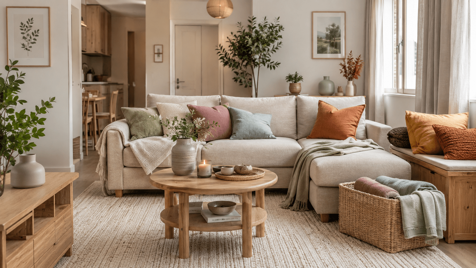 Hyperrealistisches kleines Wohnzimmer mit neutraler Grundausstattung aus hellem Sofa, cremefarbenem Teppich, Holzmöbeln und hellen Vorhängen. Wechselnde Kissen und Decken in Salbeigrün, Eisblau, Rosé, Rost und Senfgelb setzen saisonale Akzente, während ein Korb mit zusätzlichen Textilien die flexible Dekoration unterstreicht.