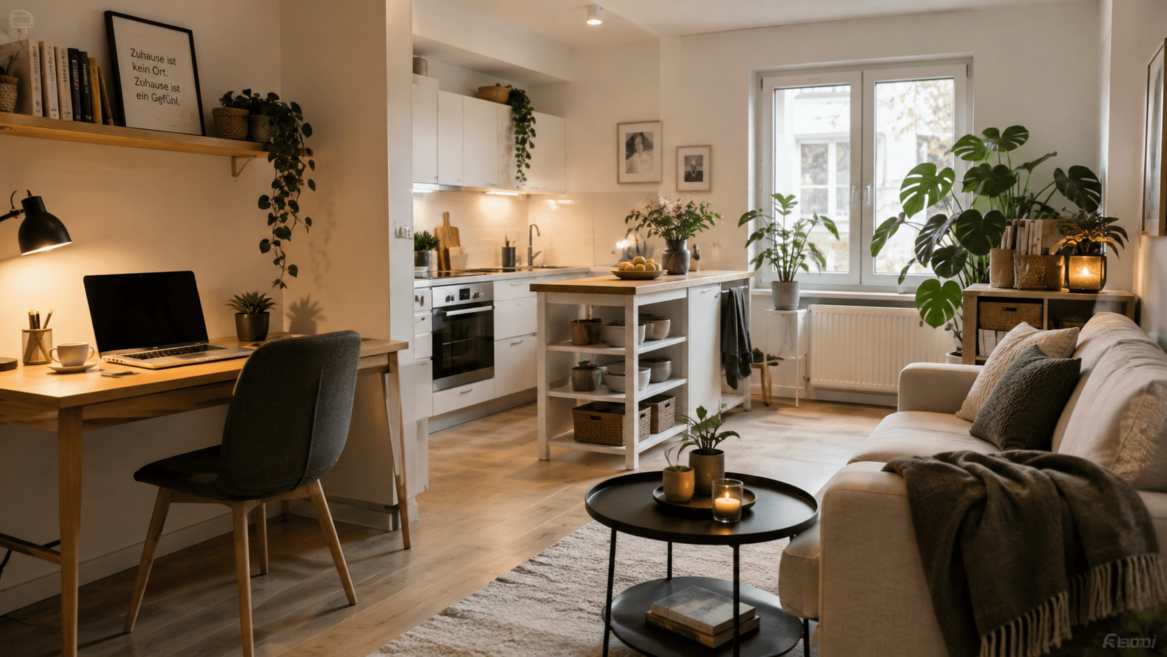 Hyperrealistische kleine Wohnung mit integriertem Arbeitsplatz, kompakter Küche, gemütlichem Sofa und funktionaler Einrichtung in warmen Naturtönen.