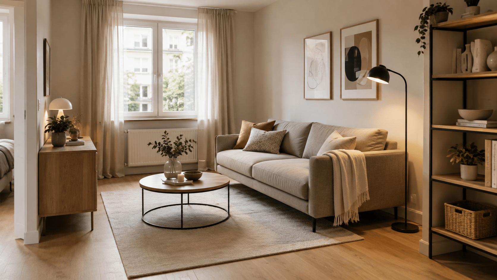 Hyperrealistisches, helles Wohnzimmer in einer kleinen Wohnung mit einem proportional passenden beigefarbenen Sofa mit schmalen Armlehnen und sichtbaren Füßen, rundem Couchtisch, hellem Teppich, filigraner Stehlampe, offenem Regal und natürlicher Deko in warmen Neutraltönen.