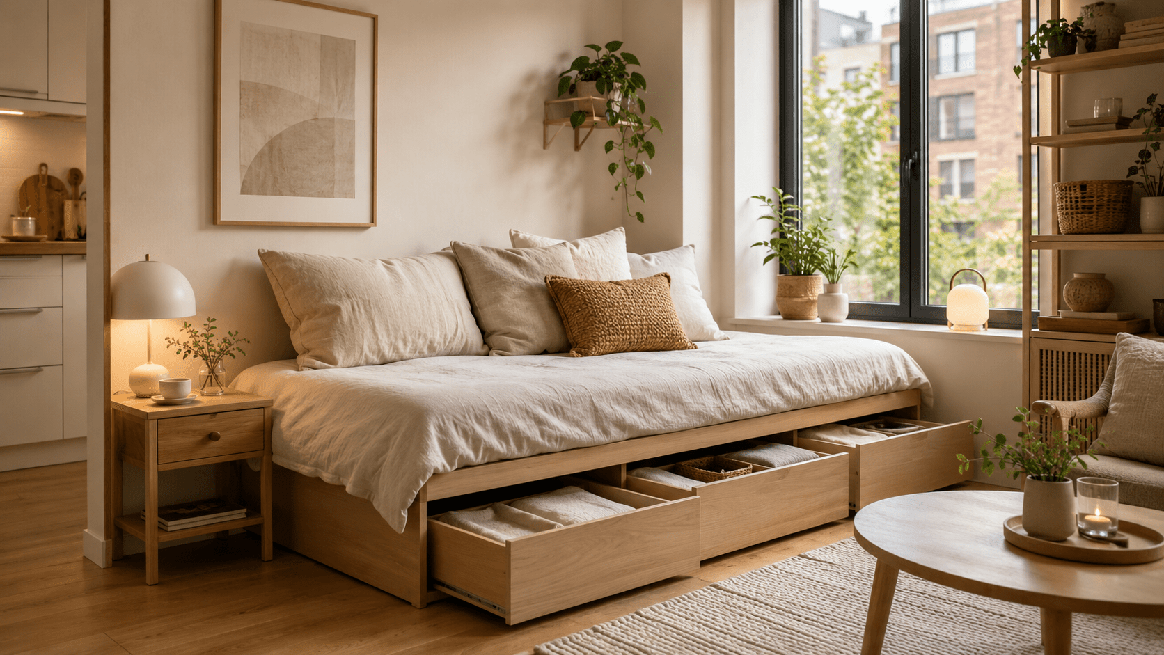 Hyperrealistische kleine Wohnung mit Bett im Wohnraum, hellem Holzbettrahmen und integrierten Unterbett Schubladen für Stauraum. Das Bett ist tagsüber mit einer hellen Leinen Tagesdecke und mehreren Kissen als gemütliche Liegefläche gestaltet, umgeben von Nachttisch, Regal, Pflanzen und warmen Naturtönen im skandinavischen Stil.