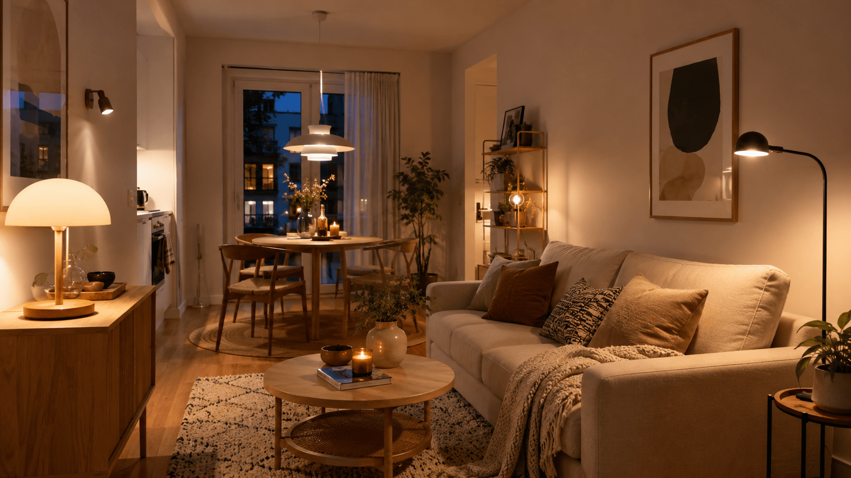 Hyperrealistische kleine Wohnung am Abend mit mehreren warmen Lichtquellen auf unterschiedlichen Höhen: eine Pendelleuchte über dem Esstisch, eine Stehlampe neben dem Sofa, eine Tischlampe auf der Kommode und zusätzliche kleine Leuchten im Regal. Der offene Wohn und Essbereich wirkt durch das warme Licht, helle Naturtöne, Holzmöbel und gezielt aufgehellte Ecken gemütlich, einladend und optisch großzügiger.