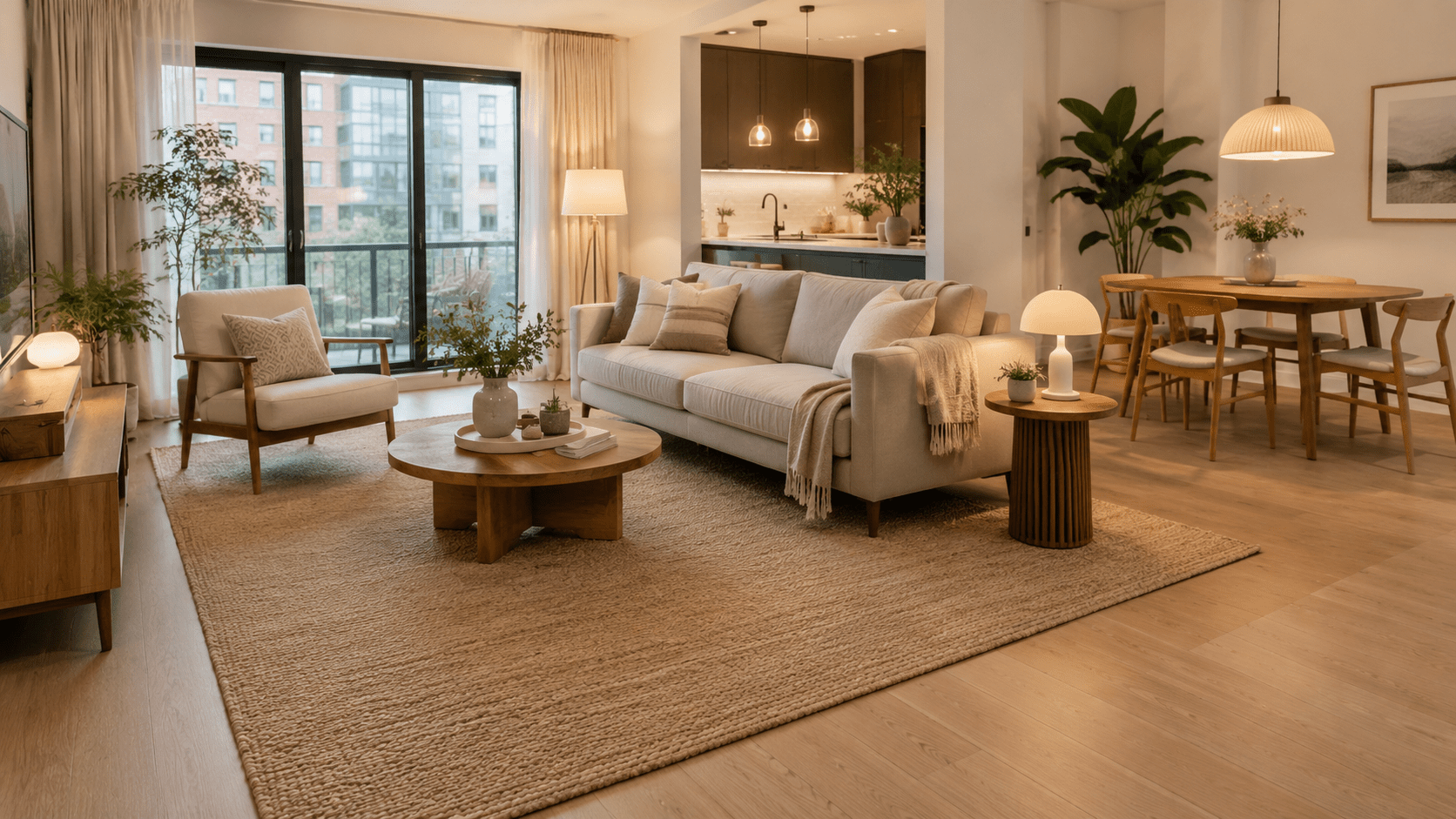 Hyperrealistischer offener Wohnbereich in einer kleinen Wohnung mit großem hellem Teppich, auf dem die vorderen Füße von Sofa und Sessel stehen. Der Teppich verbindet die Sitzecke optisch, grenzt sie vom Essbereich ab und ergänzt die warme Einrichtung aus Holz, Naturtönen und weichen Textilien.