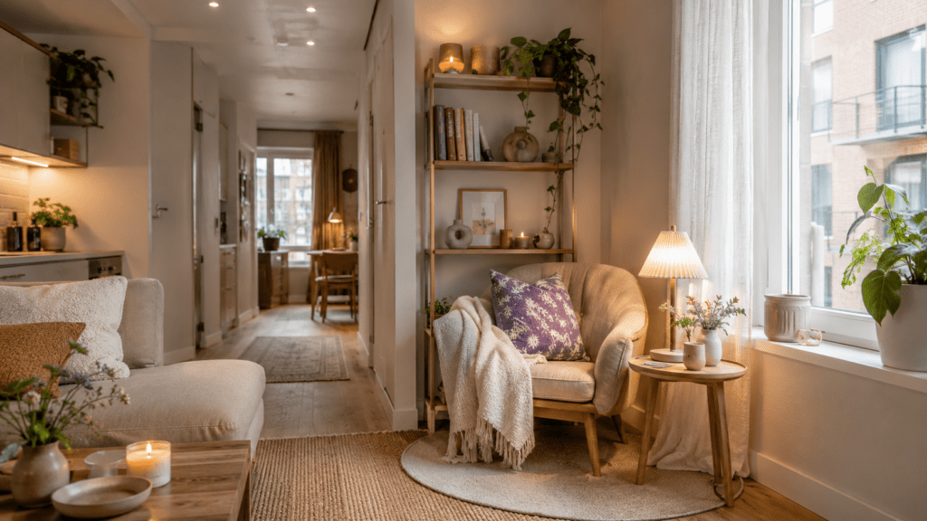 Hyperrealistische kleine Wohnung mit gemütlicher Sitzecke am Fenster, bestehend aus einem bequemen Sessel, kleinem Beistelltisch, Tischlampe und offenem Regal mit Büchern und Deko. Die Ecke wirkt durch weiche Textilien, warmes Licht und ein auffälliges Kissen in Lavendel als persönlicher, wohnlicher Rückzugsort innerhalb des offenen Wohnraums.