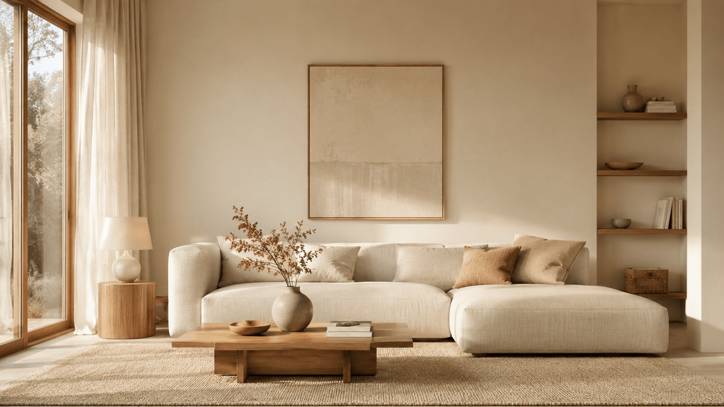 Minimalistisches Wohnzimmer mit cremefarbener Wand, beigem Sofa, Naturholz-Couchtisch und warmen Sand- und Erdtönen.