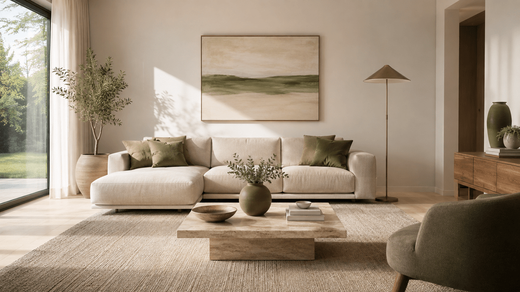 Helles minimalistisches Wohnzimmer in Creme und Beige mit olivgrünen Kissen, Keramikvasen, Naturholz und schlichtem Couchtisch.