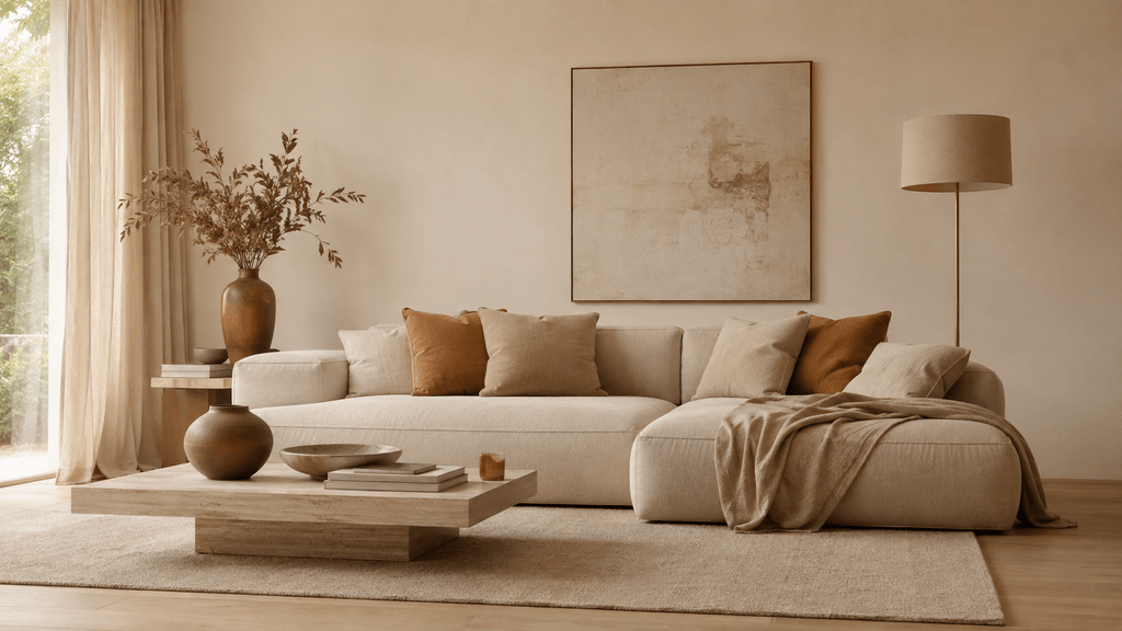 Minimalistisches Wohnzimmer in warmen Ton-in-Ton-Farben mit sandfarbenem Sofa, hellem Beigeteppich, karamellfarbenen Kissen, braunen Keramikvasen und schlichtem Travertin-Couchtisch.