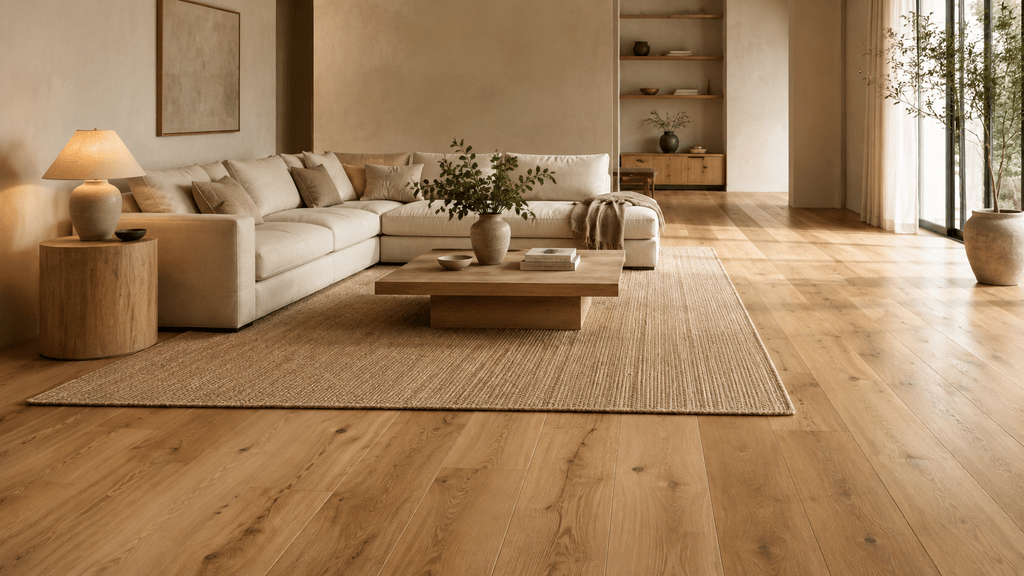 Minimalistisches Wohnzimmer mit großem Naturfaserteppich, beigem Sofa und sichtbar bleibendem hellem Holzboden.
