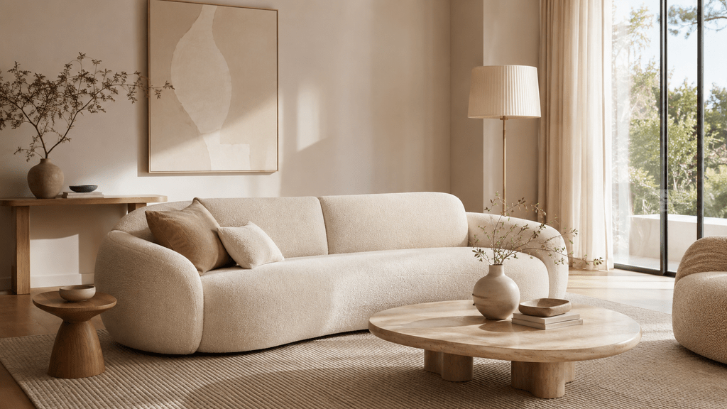 Minimalistisches Wohnzimmer mit cremefarbenem Sofa in weicher, runder Form, hellem Teppich, Naturholz und schlichtem Couchtisch.