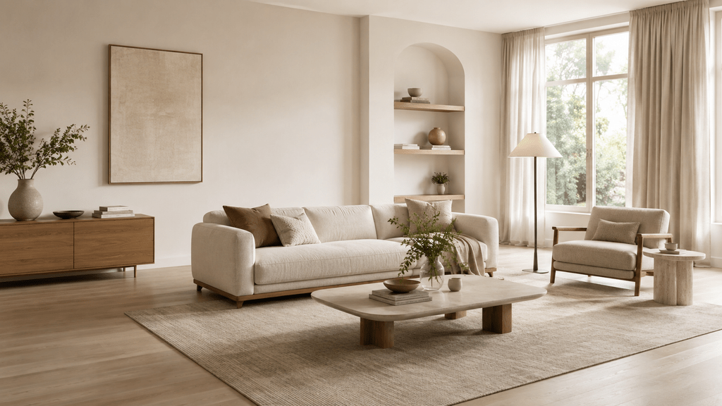 Helles minimalistisches Wohnzimmer mit frei stehendem beigem Sofa, Sessel und Beistelltisch mit bewusstem Abstand zueinander, viel freier Bodenfläche und ruhiger Einrichtung in warmen Naturtönen.