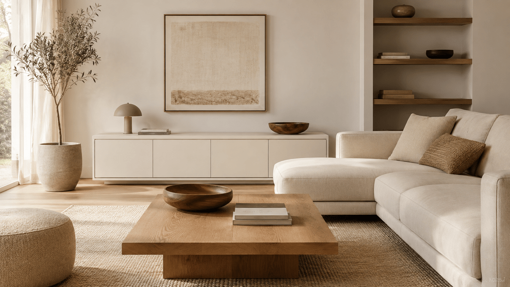 Minimalistisches Wohnzimmer in hellen Creme- und Beigetönen mit großem Sofa, Couchtisch aus heller Eiche, dunkler Holzschale, cremefarbenem Sideboard und wenigen natürlichen Deko-Elementen.