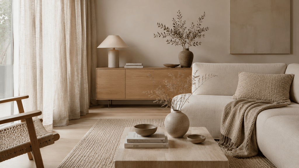Minimalistisches Wohnzimmer in Beige mit Leinenvorhängen, strukturiertem Wollteppich, gewebtem Kissen und weicher Wolldecke.