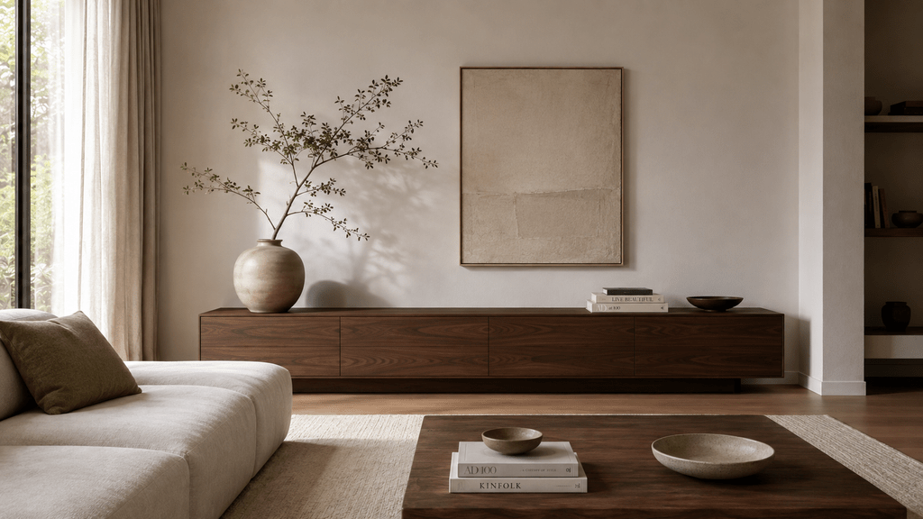 Minimalistisches Wohnzimmer mit großer handgefertigter Keramikvase und Zweig auf einem dunklen Holz-Sideboard, ergänzt durch Bücher und dezente Naturtöne.