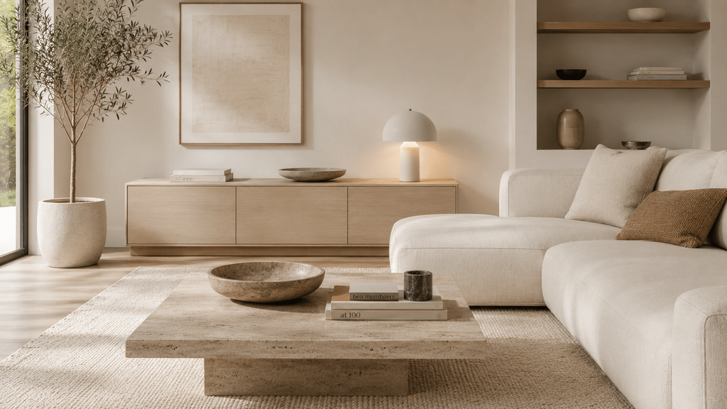 Minimalistisches Wohnzimmer in warmen Creme- und Beigetönen mit hellem Travertin-Couchtisch, dekorativer Steinschale, weichem Wollteppich, großem Sofa und natürlichen Holzelementen.