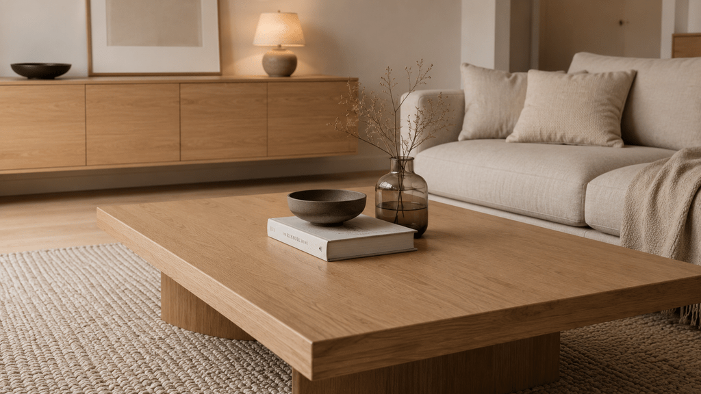 Minimalistisches Wohnzimmer mit bewusst dekoriertem Couchtisch aus Holz, heller Buchdeko, matter Keramikschale und kleiner Glasvase.