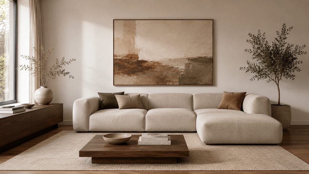 Minimalistisches Wohnzimmer mit großem abstraktem Wandbild in Beige, Braun und Oliv über einem cremefarbenen Sofa mit dunklen Holzmöbeln.