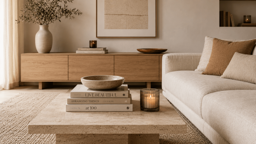 Minimalistisches Wohnzimmer mit großem abstraktem Wandbild in Beige, Braun und Oliv über einem cremefarbenen Sofa mit dunklen Holzmöbeln.