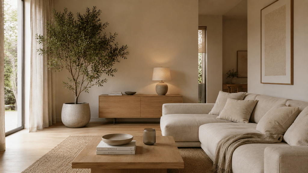 Minimalistisches Wohnzimmer in warmen Naturtönen mit großer Zimmerpflanze im hellen Keramiktopf neben dem Sofa.