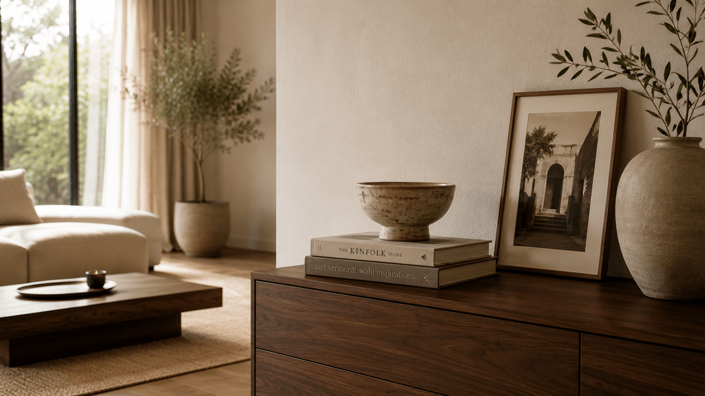 Minimalistisches Wohnzimmer mit persönlicher Keramikschale auf gestapelten Büchern, gerahmtem Urlaubsfoto und warmen Holz- und Naturtönen.
