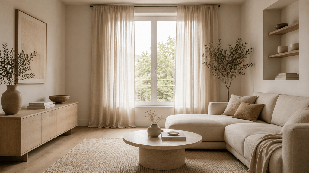 Minimalistisches Wohnzimmer in warmen Naturtönen mit bodenlangen, leichten Leinenvorhängen in Creme, großem Fenster, hellem Sofa, Holz-Sideboard und rundem Steincouchtisch.