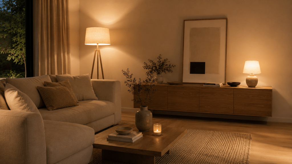 Minimalistisches Wohnzimmer am Abend mit warmer Stehlampe neben dem Sofa, kleiner Tischlampe auf dem Sideboard und gemütlichen Lichtinseln.